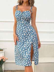 Vestido con estampado floral de margaritas, con tirantes de espagueti, fruncido y abertura alta, para vacaciones y salidas a la playa para mujeres - Niebla azul - Ver 4
