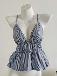 Camiseta de tirantes de mujer a rayas, sencilla y de moda, adecuada para el verano - Niebla azul - Ver 3