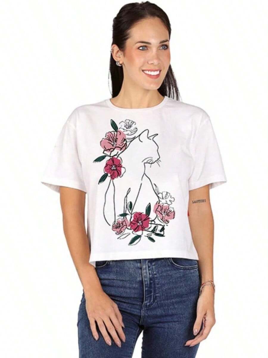Additive Women's T-Shirts Printed Cats, Fashionable Short Sleeve Blouses, Comfortable And Casual With Crisp And Durable Colors. - 黑色 - 查看 1