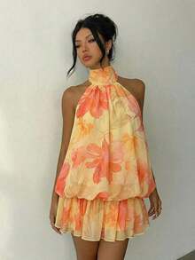 Vestido mini elegante de mujer con estampado de lunares y escote halter sin espalda - Amarillo - Ver 3