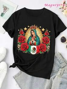 Oversize Extra grande MGY Camiseta de algodón suave para mujeres con diseño mexicano de rosas de la Virgen de Guadalupe. Regalo ideal para fiel y a la moda. Camiseta de Moda de Manga Corta y Cuello Redondo, Casual Perfecta para Todas las Estaciones, S M L XL - Negro - Ver 2