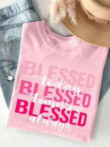 Women's Short-Sleeved, Loose-Fitting T-Shirt With A Round Neck And Cute, Casual Print, Perfect For Vacations And Everyday Wear. New Summer Set For Women With A Blessed Print, A Casual Summer Outfit. - 羅莎 - 查看 1