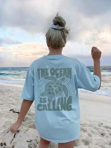 Women's Crew Neck T-Shirt With Summer Ocean Life Letter Print, Graphic Tee, White, Black, Pink Casual - 賽萊斯特 - 查看 2