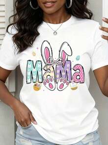 Camiseta de Pascua con Orejas de Conejo y Huellas de Pata para Mujer, Regalo de Pascua, Camiseta con Temática de Animales, Ropa de Pascua para Mamá, Top de Moda, Estilo Vintage Urbano, Unisex, Camiseta de Manga Corta de Algodón Suelto con Cuello Redondo, 100% algodón - Blanco - Ver 1