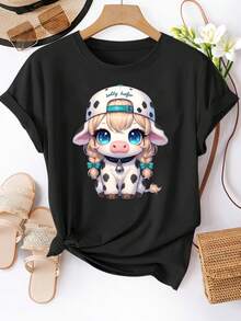 Limited Time Offer, Limited Quantities, Flash ! Women's Casual Shirts, Women's Polyester T-Shirts, Elegant Shirts. Women's Short-Sleeved Crew Neck T-Shirt | Cute Cow Print With Hood And Tie, Machine Washable, Suitable For All Seasons, Soft And Skin-Friendly, Loose And Stylish Fit. - 黑色 - 查看 3