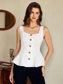 de mujer vintage, elegante y clásica, con cierre de botones metálicos con forma de flor, sin mangas, color blanco, para primavera/verano - Blanco - Ver 7