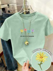 Crew Neck T-Shirt With Slogan Print And Minimalist Floral Embroidery In Plus Size - Mint Green - View 8
