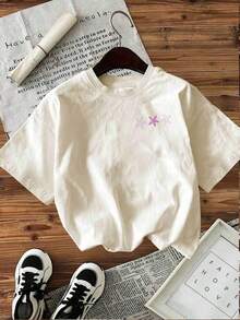 [Double-Sided Print] Fashionable Women's Top For Spring And Summer, With A Fresh Style Featuring Starfish And Polka Dots, Pink Printed Short-Sleeve Crew Neck T-Shirt [Chu K] - 杏 - 查看 2