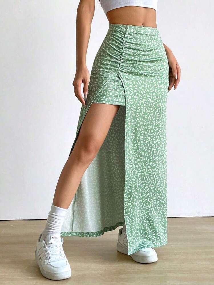 Falda larga con diseño floral pequeño y abertura en el dobladillo - Verde - Añade 5