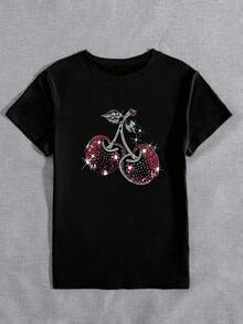 Cherry, Strawberry, Lemon 1 Glitter Casual Sweet Party Elegant None Beach Holiday Sporty Office Home Comfortable Cherry Print Crew Neck T-Shirt, With Party And Holiday Atmosphere, Black Blouses For Women, For Spring/Summer - 黑色 - 查看 2