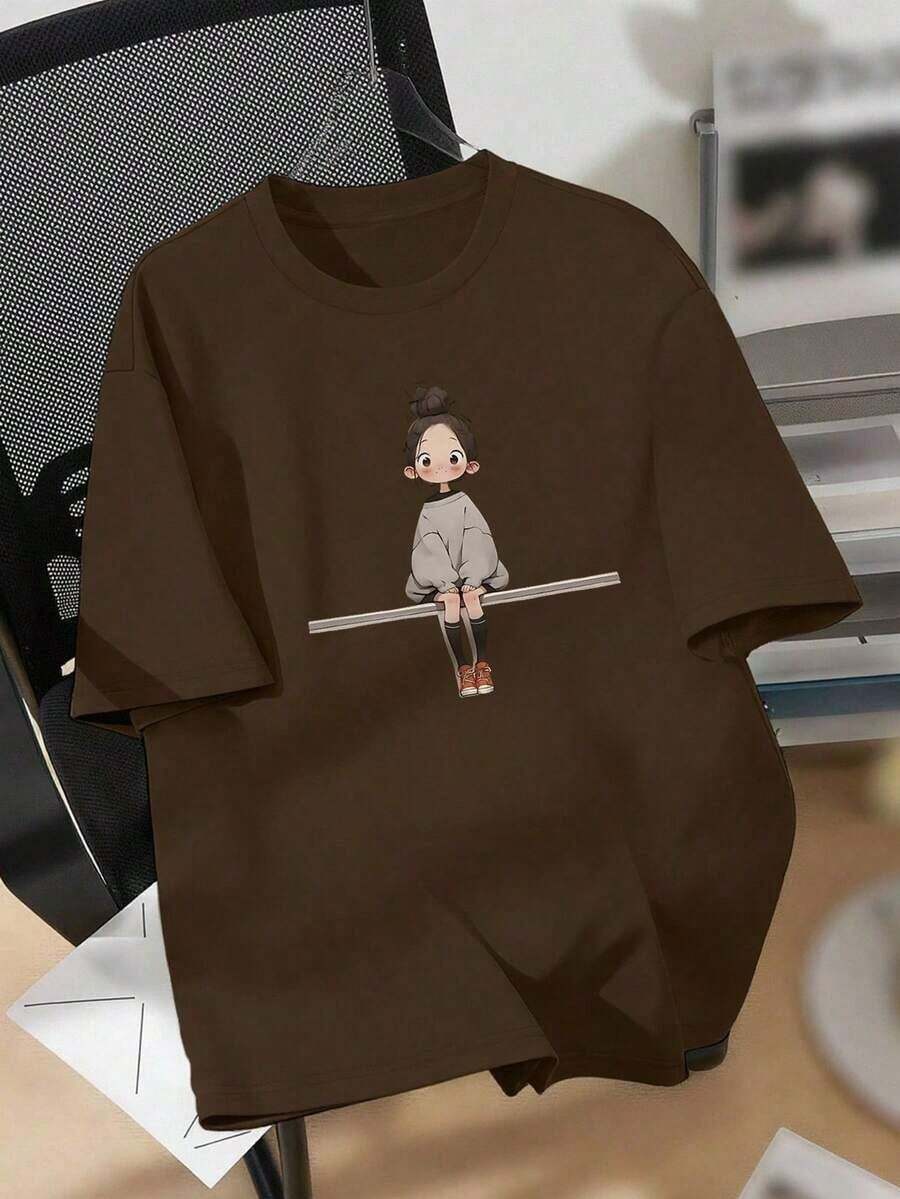 Plus Size Casual T-Shirt With A Print Of A Smiling, Healing Girl - 全穀類咖啡 - 查看 1