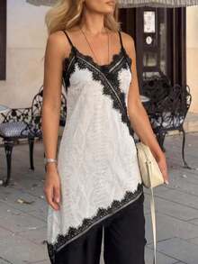 Vestido de tirantes elegante y vintage para mujer con diseño de parches de satén texturizado y encaje, adecuado para una cita en el Día de San Valentín, blanco verano - Blanco - Ver 2