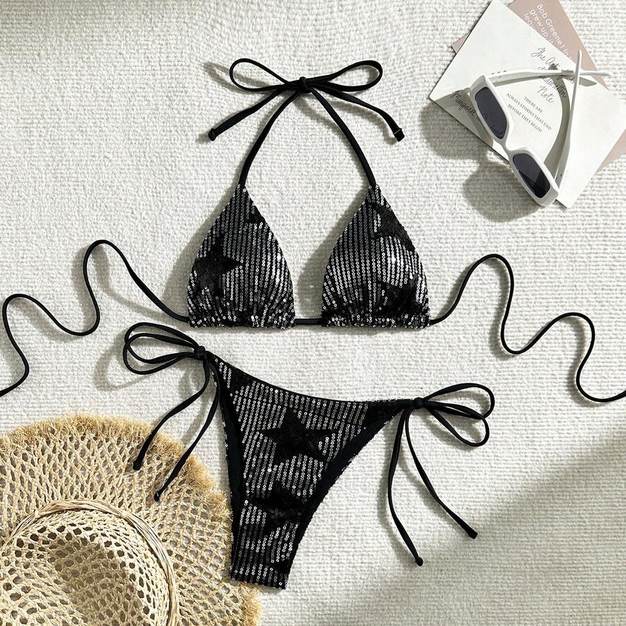 Sexy Two-Piece Bikini For Women With Sequin Star Design – Beach Style - Black - View 1