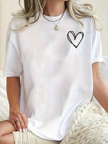Women's Size T-Shirt With Minimalist Heart Print, Casual Round Neck Short Sleeve Top, Comfortable And Breathable For Everyday Wear, Casual Sports T-Shirt With Minimalist Heart Print - 白色 - 查看 4