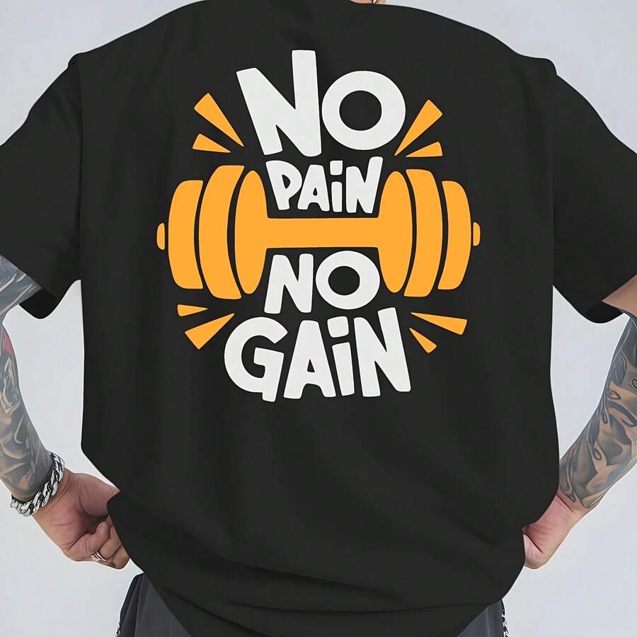 Camiseta de algodón para hombre y mujer con estampado 'NO PAIN NO GAIN', estilo urbano, holgada, de verano, de manga corta, informal y a la moda. - forma - Ver 1