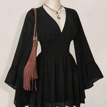 ICON Women's Halloween Goth Black Corset Solid Color V-Neck Waist Cinched Elegant Long Sleeve Mini Dress,Fall/Winter  Bell Sleeve Dress Black Dress With Sleeves,Thanksgiving Outfit For Women - Albaricoque - Ver 2