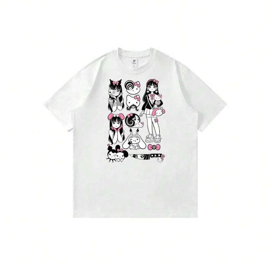 Camiseta unisex de manga corta con estampado de dibujos animados de anime estilo años 90 de la colección góticas de Sanrios. - Blanco - Ver 1