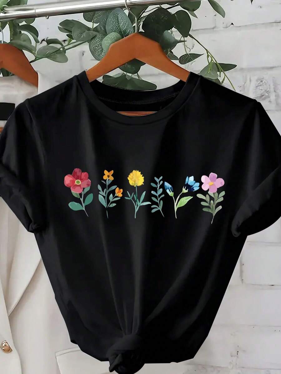 A Casual Women's Round Neck T-Shirt With A Floral Print, Made Of Knit Fabric, Featuring A Plant Design, Regular Length, Suitable For All Seasons, Short Sleeves, Made Of Pure Cotton, Soft, Round Neck, Ideal As A Holiday Gift, Fitted Design, Comfortable For All Seasons, Fashionable Women's T-Shirt, Printed Design T-Shirt With Round Neck, Machine Washable, Short Sleeves, Affordable T-Shirt, Fun Printed Shirt, Non-See-Through Material, Casual Top For Everyday Wear, Lightweight And Stretchy, Comfortable For Sports And Weekend Wear. - 黑色 - 查看 1