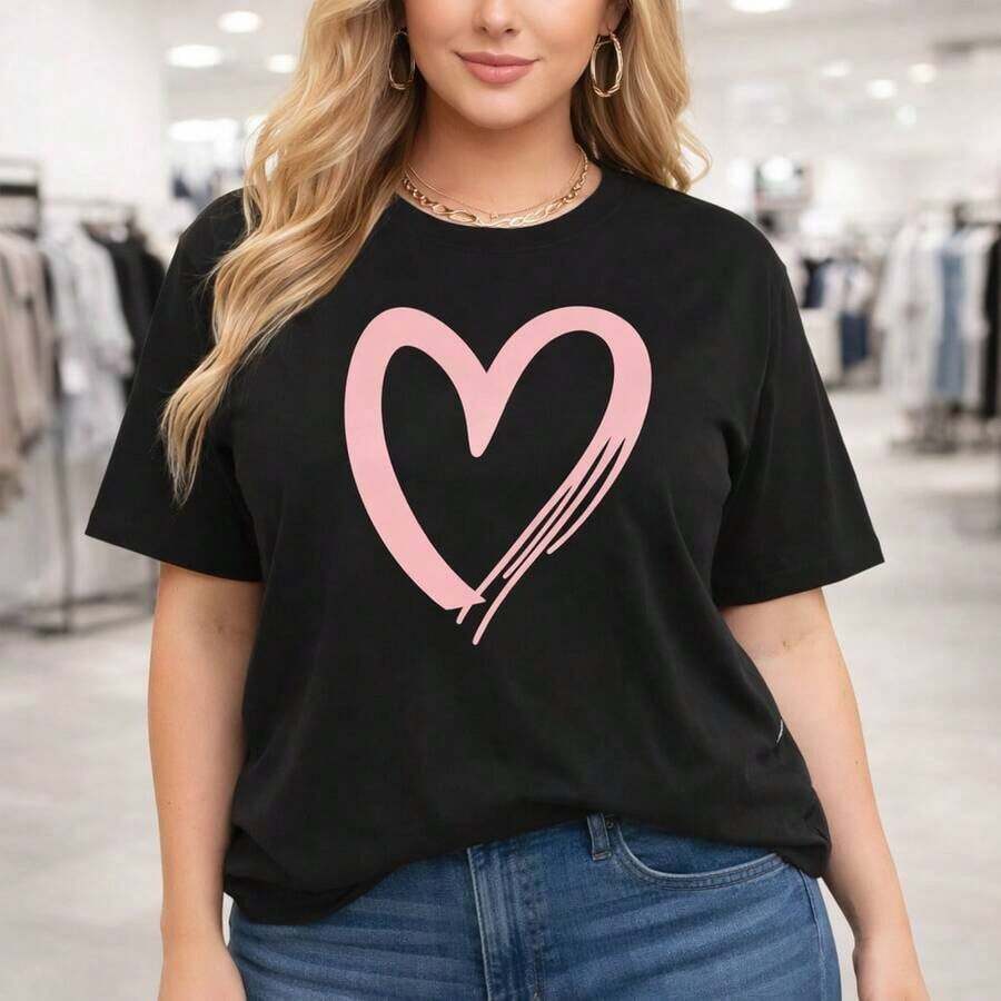 Plus Size Women's Cotton T-Shirt With Pink Heart Print, Casual Short Sleeve Round Neck T-Shirt, Loose Fit, Basic Top For Everyday Wear, Comfortable Plus Size Clothing, Suitable For Spring, Summer And Autumn. - 黑色 - 查看 1