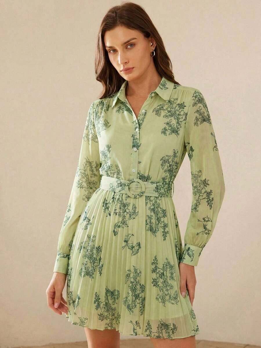 Aveloria Frievida Vestido con botón delantero con cinturón con estampado de flor - Amarillo - Ver 1