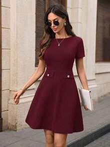Vestido mini elegante y chic de mujer con unicolor, decoración de botones y encaje en la cintura, para el verano - Rojo - Ver 3