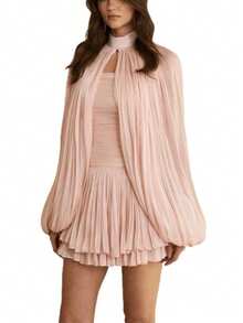 Nuevo vestido corto estilo francés con pliegues y diseño capa, look dulce y moderno para mujer europea y americana - Rosa - Ver 6