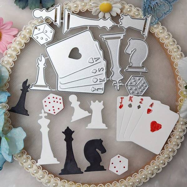 1 pieza Troquelado metálico con fondo asimétrico de ajedrez y naipes, decoración para tarjeta de cumpleaños, manualidades de scrapbooking y papelería DIY