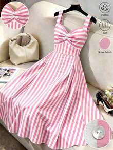 Vestido casual de línea A de longitud media con cuello en V a rayas y decoración de remaches para mujer - Rosa - Ver 7