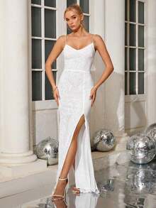 Vestido de noche con abertura alta en el muslo, con lentejuelas y diseño de patchwork, con espalda descubierta y silueta de sirena para mujer - Blanco - Ver 7