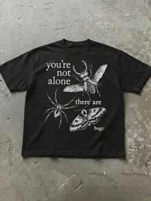 No estás solo, ¡hay insectos!Camiseta divertida para amantes de los insectos, de manga corta y cuello redondo, estampada, adecuada para uso diario al aire libre, nueva colección primavera/verano 2026, estilo casual urbano en negro. - Negro - Ver 5