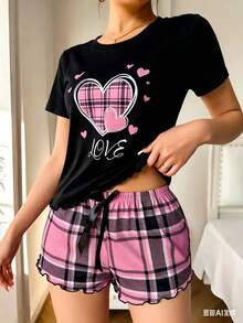 Playera de Manga Corta con Estampado de Corazones y Cuadros - Estilo Urbano Casual para Mujer - Negro - Ver 1