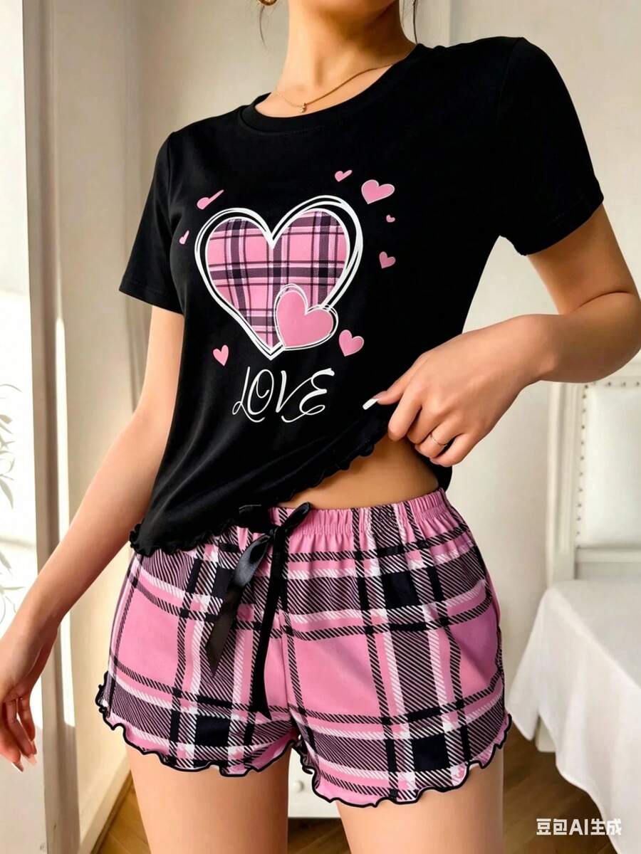 Playera de Manga Corta con Estampado de Corazones y Cuadros - Estilo Urbano Casual para Mujer - Negro - Ver 1
