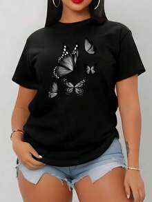 Ladies' Exquisite Print T-Shirt - Women's Summer Clothing, Fashionable Print, Breathable And Comfortable, Round Neck Women's Tee, Soft Fabric, For Daily Wear In Autumn And Summer & Outdoor Sports, Casual And Elegant Women's Apparel - 黑色 - 查看 1