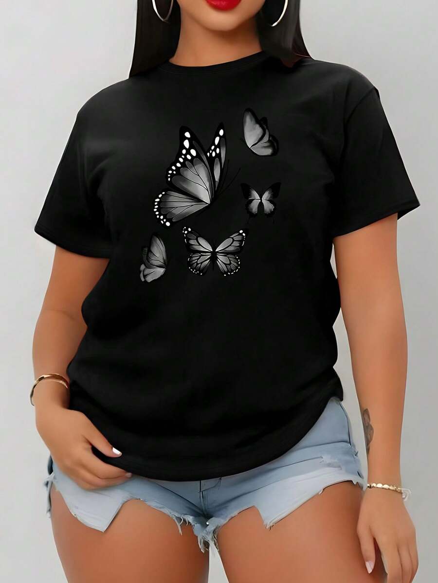 Ladies' Exquisite Print T-Shirt - Women's Summer Clothing, Fashionable Print, Breathable And Comfortable, Round Neck Women's Tee, Soft Fabric, For Daily Wear In Autumn And Summer & Outdoor Sports, Casual And Elegant Women's Apparel - 黑色 - 查看 1