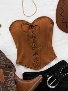 Top corto de suede sexy con lazo, remaches y diseño deconstructivo, adecuado para vacaciones, citas, té de la tarde, vacaciones, festivales de música, estilo bohemio, cruceros, playa, verano - Marrón 2 - Ver 1