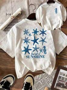 Camiseta de manga corta con cuello redondo y estampado de estrellas de mar y letras para mujer, ligera y transpirable para todas las estaciones, camiseta gráfica de algodón, camisetas gráficas para mujer, camiseta de verano, camiseta casual, camisetas de verano, tops, conjuntos de verano para mujer, playeras de mujer. - Blanco - Ver 8