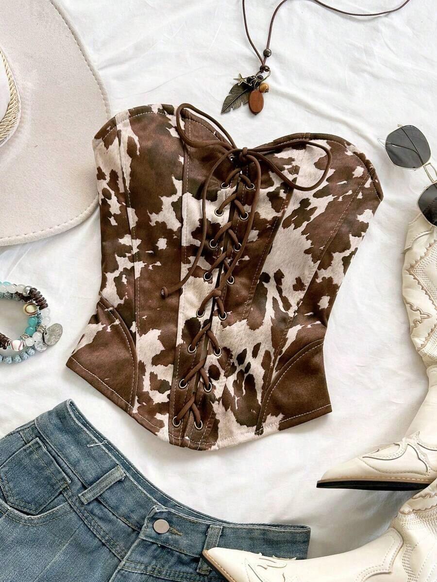 Top corto de suede sexy con lazo, remaches y diseño deconstructivo, adecuado para vacaciones, citas, té de la tarde, vacaciones, festivales de música, estilo bohemio, cruceros, playa, verano - Multicolor 2 - Ver 1