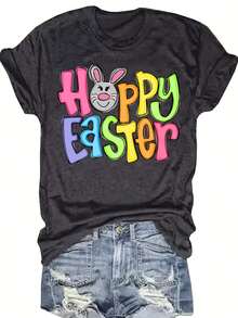 A Women's Easter T-Shirt Featuring A Bunny Design, With Short Sleeves And A Casual Crew Neck. Made From Soft Fabric, It's Suitable For Wear Throughout The Year And Makes An Ideal Gift For Female Friends. - 黑色 - 查看 1