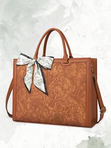 Bolso de tote para computadora portátil de 15.6 pulgadas con múltiples compartimentos, ligero e impermeable, con estampado floral en relieve, para mujer, con bolsillos para bolígrafos, bolsillos de malla y pañuelo de seda, para el trabajo - Multicolor - Ver 9