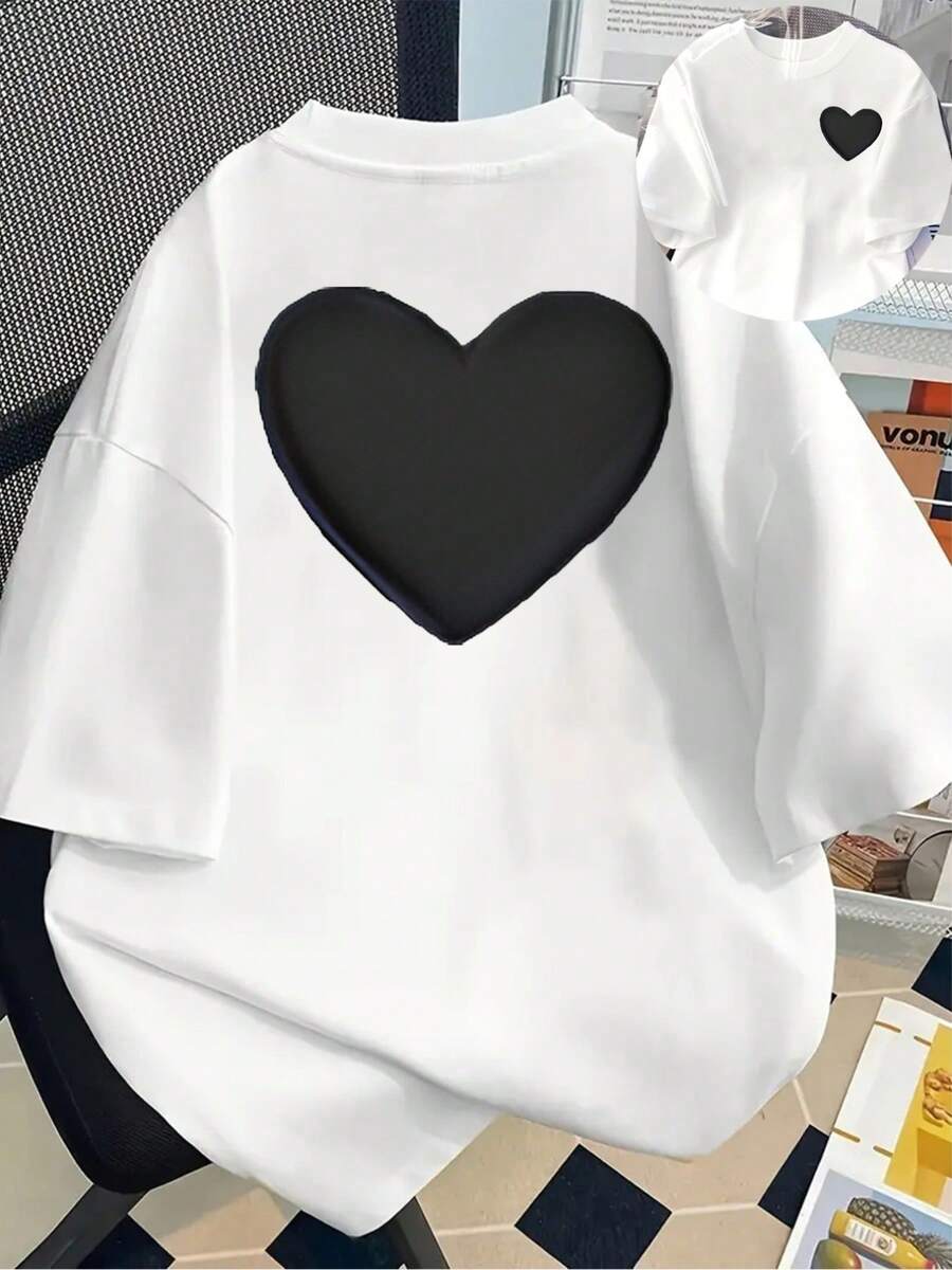 VintageHeart, Short-Sleeved, Round-Neck T-Shirt With Heart Print, Casual Top For Summer And Spring, Women's Clothing, Summer Tops, Summer Outfits - White - View 1