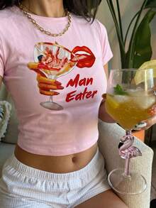 Women's Y2K Pink Form-Fitting Crop Top, Retro Lips & Cocktail Glass Print Ribbed Knit Crew Neck Short Sleeve T-Shirt, Summer Casual Y2K Aesthetic Tee For Daily & Date Outfits - Pink - View 2