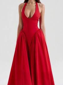 Elegant Pleated Halter Neck Party Dress For Spring 2026 - Red - View 1