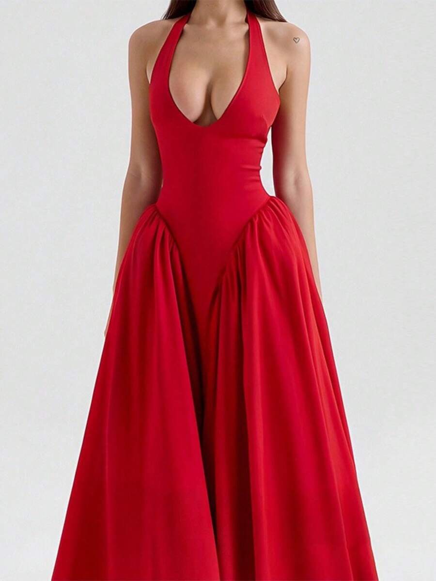 Elegant Pleated Halter Neck Party Dress For Spring 2026 - Red - View 1