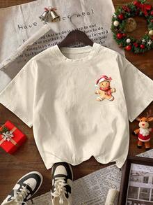 Korean Print T-Shirt "The Girl Who Loves Christmas", Women's Casual Short Sleeve Crew Neck T-Shirt, Autumn/Winter Graphic T-Shirt - 杏色 - 查看 4