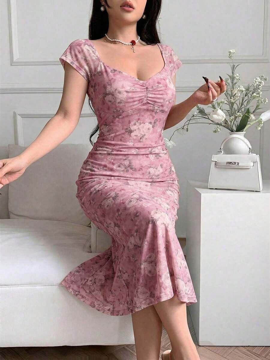 Vestido ajustado estampado casual para mujer - Rosa - Ver 1