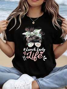 Women's Casual Short Sleeve T-Shirt With Round Neck And Lunchtime Lady Lifestyle Bun Cafe Worker Print - Spring Summer Clothing - Unisex Vintage Urban Style, Loose Fit Cotton T-Shirt With Round Neck And Short Sleeves - 黑色 - 查看 6