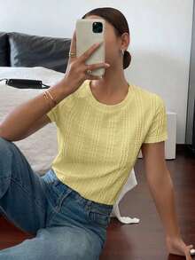 Camiseta de manga corta de unicolor casual para mujer, verano - Amarillo - Ver 6