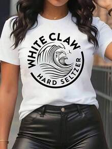New Arrivals For Summer. Women's White Claw Hard Seltzer Wave Logo Print T-Shirt, Crew Neck, Casual Everyday Wear, Soft And Comfortable, Festival Blouse, Shirt > Beautiful. - 白色 - 查看 7