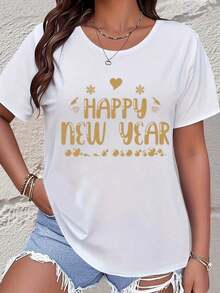 Camiseta de manga corta para mujer, estampado de lámina dorada de Feliz Año Nuevo, para fiesta, celebración, uso casual. Blusa, Camisa > Hermosa. - Blanco - Ver 6