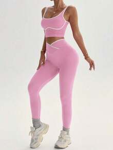 Conjunto deportivo de mujer de dos piezas con bloques de color sin costuras, malla de yoga, conjunto de fitness, conjunto de entrenamiento de dos piezas, conjunto activo de dos piezas, conjunto deportivo negro de dos piezas - Rosa - Ver 4